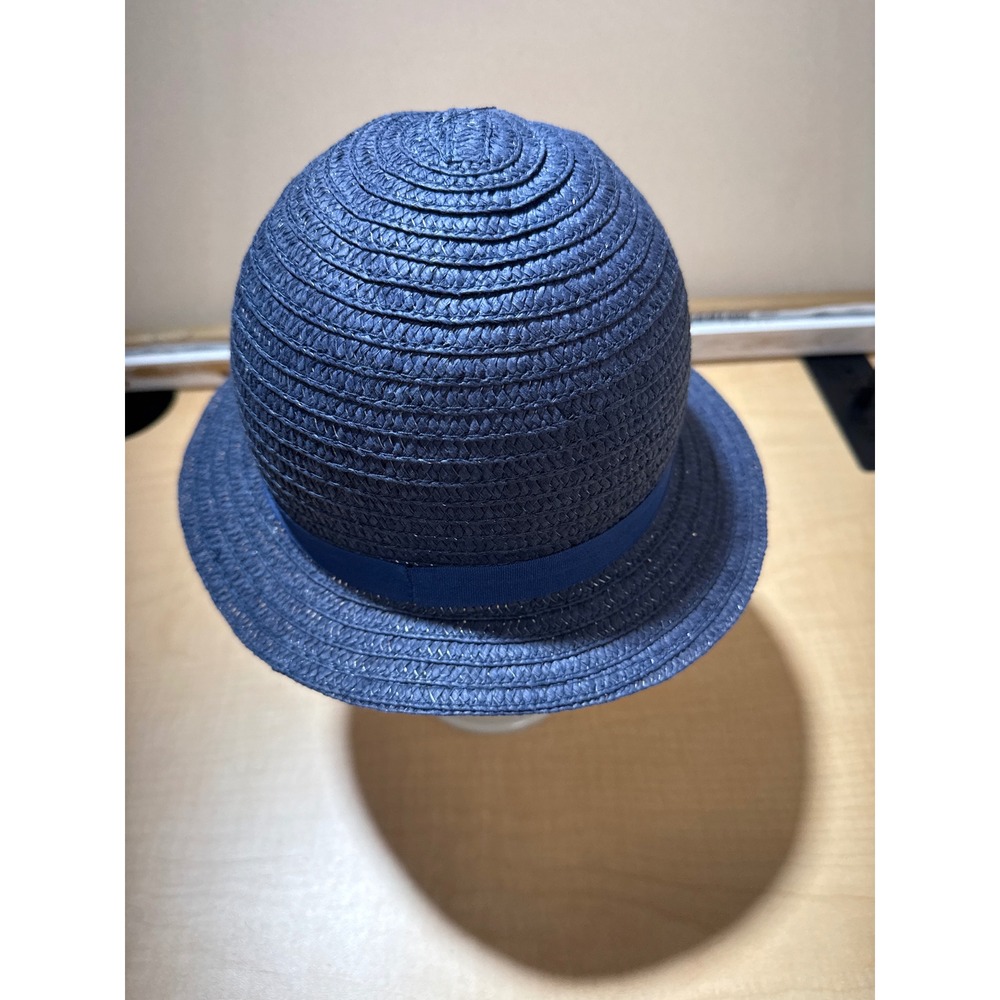Navy Blue Woven Straw Cloche Sun Hat with Grosgrain Ribbon Trim
